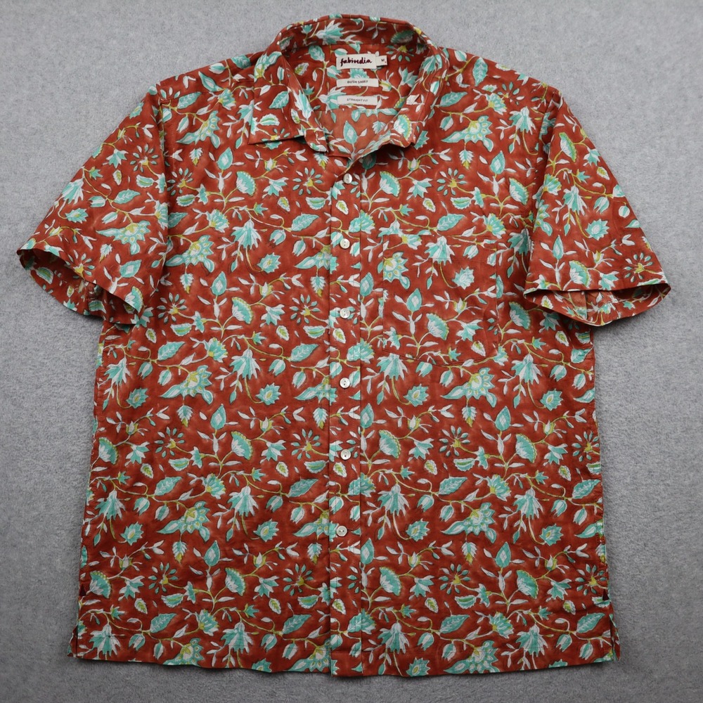 Fabindia Bush Shirt Mens M Straight Fit Orange Floral Cotton Button Down Casual